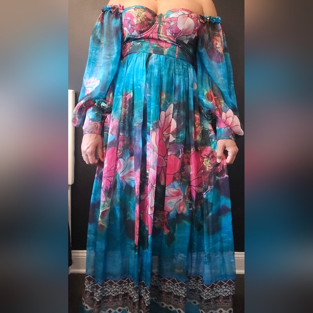 Floral Print Off the Shoulder Corset Bodice Maxi Dress